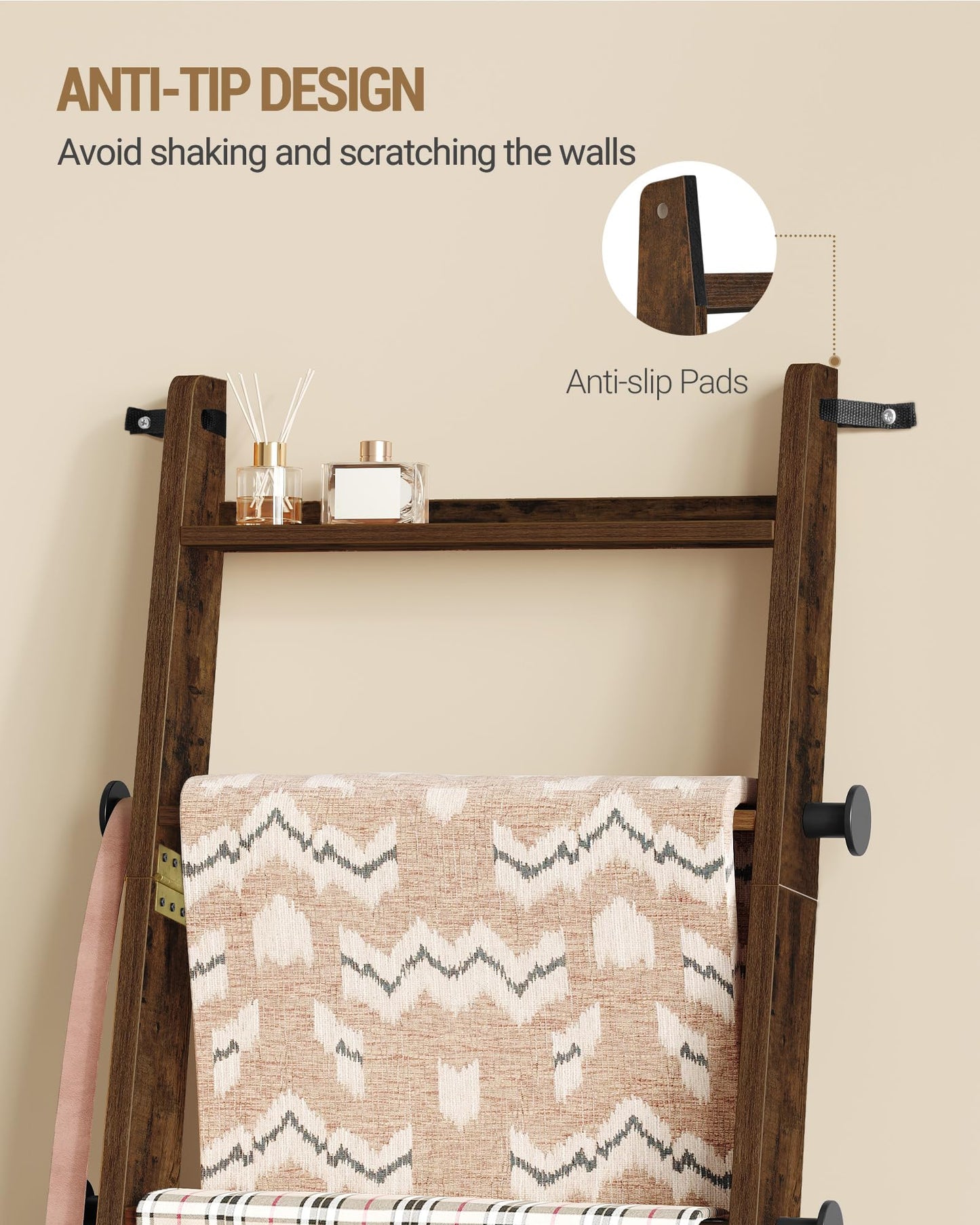 Hzuaneri Blanket Ladder for Living Room, Decorative Quilt Rack with 4 Removable Hooks, 6-Tier Blanket Ladder Shelf for Bedroom,Rustic Brown BR30601X