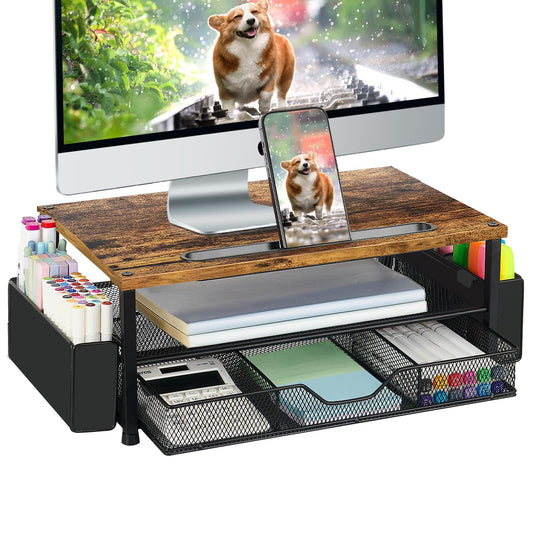 AUPSEN Wood Desk Organizers and Accessories, 2-Tier Computer Monitor Stand Riser with Drawer, Pen Storage & Phone Holder, Office Desk Accessories, Workspace Desktop Organization for Office Supplies（Brown）
