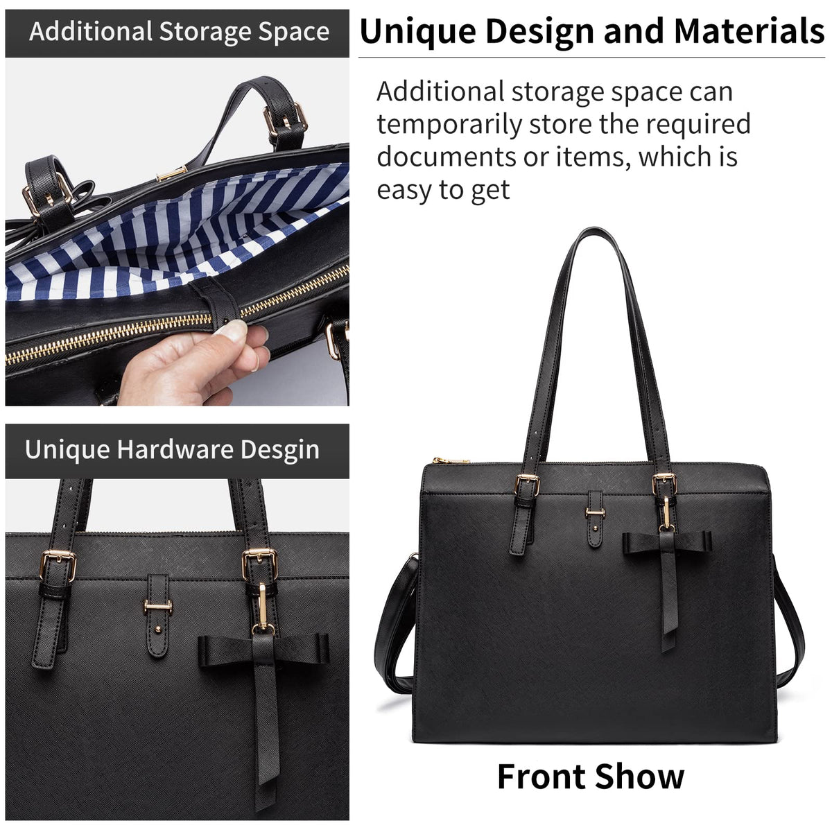 Keyli Laptop Tote Bag for Women Waterproof Leather Work Laptop Briefcase with Built-in USB Charging Port Computer Shoulder Bags Fits 15.6 Inch, Business Handbag Purse 4pcs Set Black