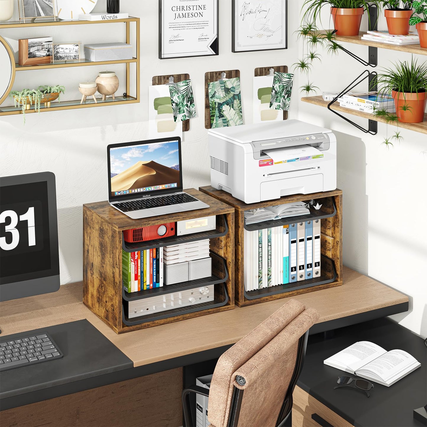 Simple Trending Desk File Organizers, 4-Tier Letter Tray Paper Organizer with File Holder, Wooden Paper Sorter for Office Supplies, Rustic Brown