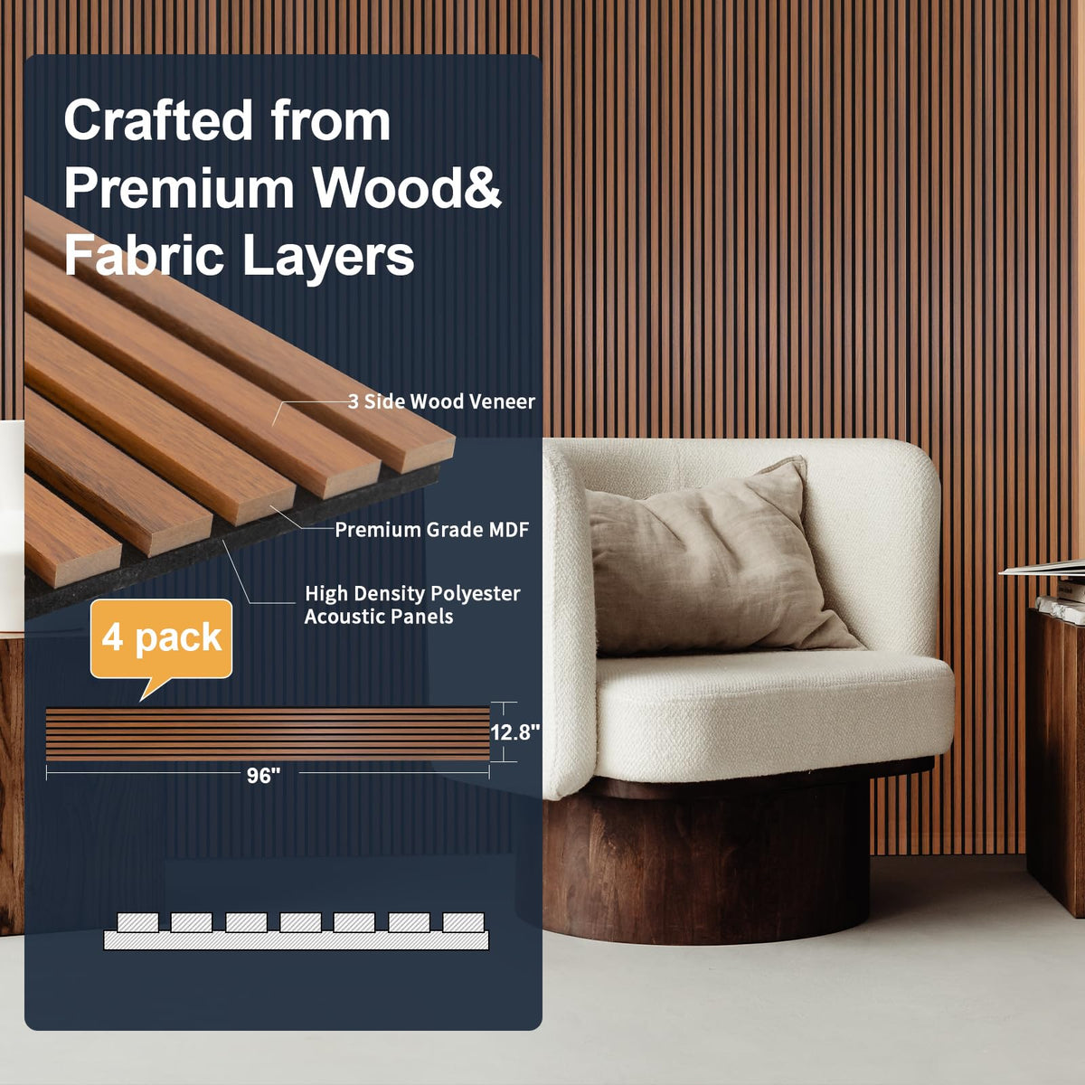 NeatiEase Wood Panels for Wall, 4-Piece 96" x 12.6" Soundproof Wood Slat Wall Panel for Interior Wall Decor Noise Cancelling, Acoustic Wall Panels, Sound Absorbing Panel (Teak)