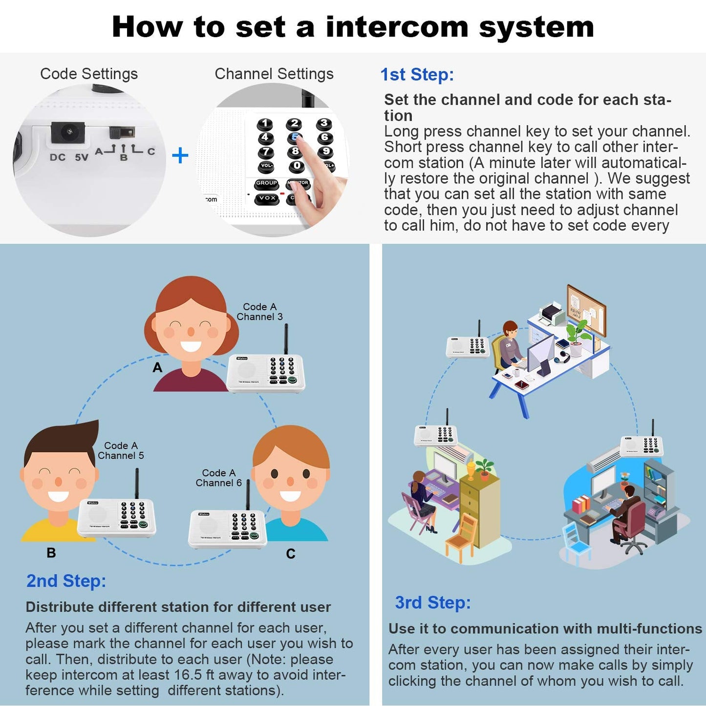 Wuloo Intercoms Wireless for Home 5280 Feet Range 10 Channel 3 Code, Wireless Intercom System for Home House Business Office, Room to Room Intercom, Home Communication System (2 Units Set, White)