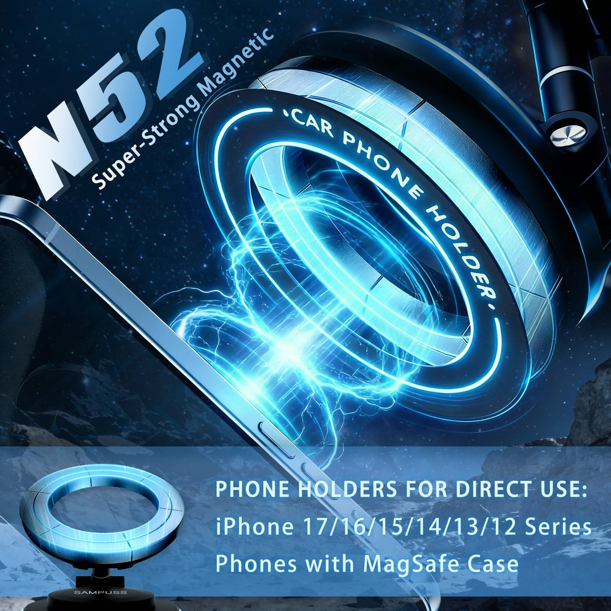 SAMPUSS Magnetic Phone Holders for Your Car, Upgraded Vacuum Car Phone Holder, 360° Rotation Cell Phone Car Mount Suction Phone Mount for Magsafe Car Mount for Car Kitchen Gym Travel for All Phone