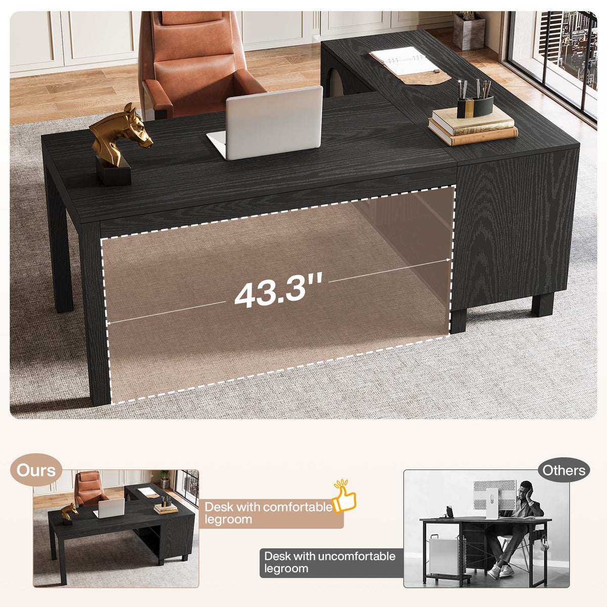Tribesigns 59" L Shaped Desk with File Cabinet, Executive Office Desk with Storage Shelves, Modern Wood Computer Desk, Coner Writting Desk for Home Office, Work, Study (Black)
