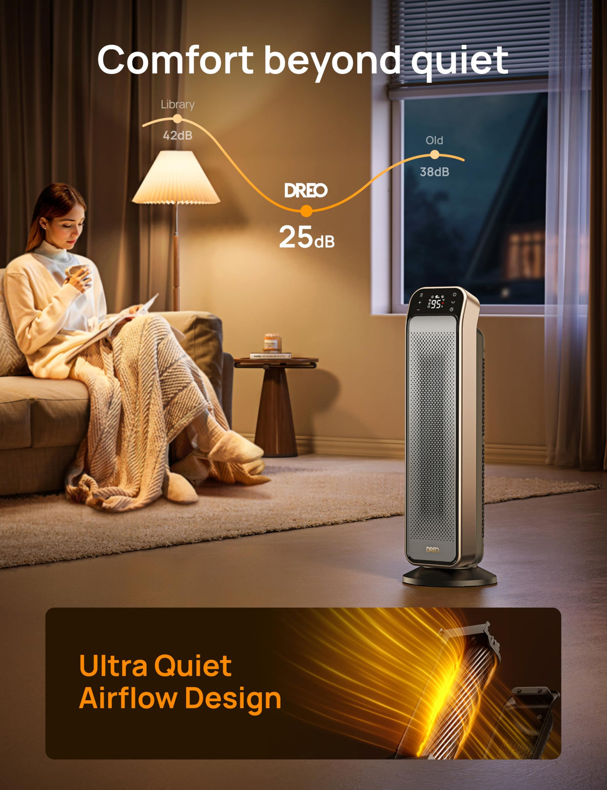 DREO Space Heater Indoor, 25" 11.5ft/s Fast Portable Room Heater with Remote and Thermostat, 3 Modes, Overheating & Tip-Over Protection, Electric Heaters for Indoor Use Large Room, Bedroom, Gold