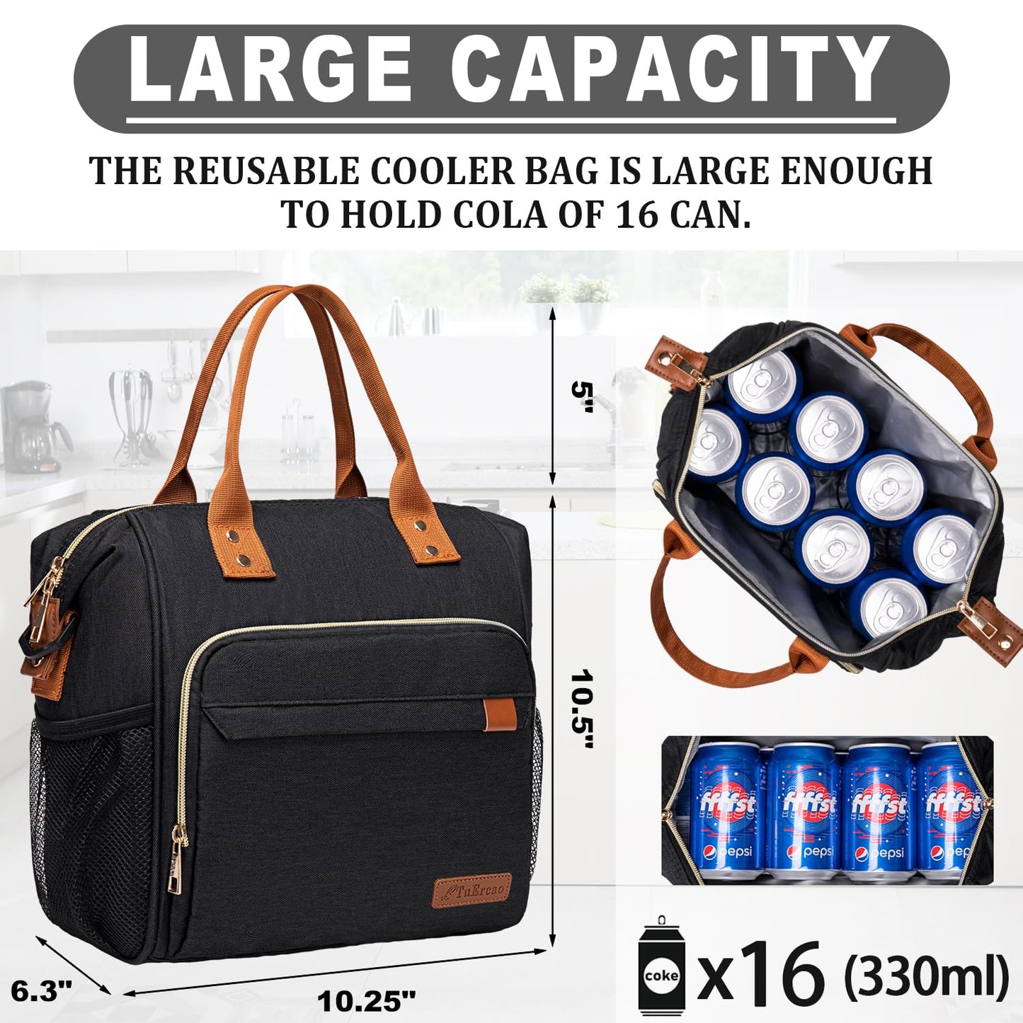 Black Lunch Box for Women Insulated Lunch Bag for Work - Adult Stylish Lunch Tote Bag for Shopping Soft Cooler for Beach Picnic Travel