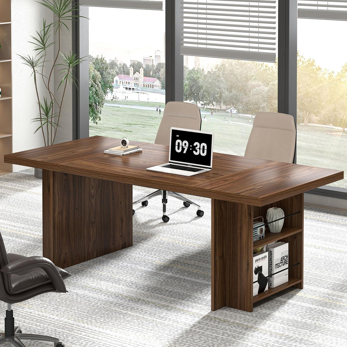 FOLUBAN 70 Inch Executive Desk, Large Computer Desk for Home Office, Long Study Writing Gaming Table for 2 Person, Modern Wood Conference Table Workstation, Rustic Walnut