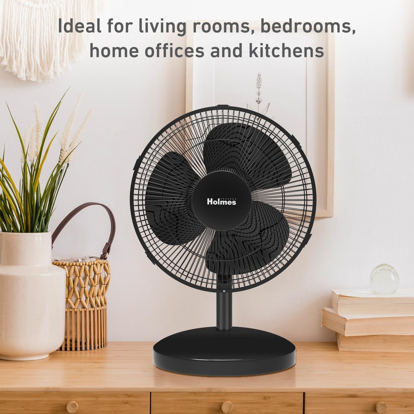 Holmes 12 Inch Oscillating Table Fan 3 Speeds 75 Degree Wide Angle Oscillation Adjustable 15 Degree Tilt Quiet Operation Home Office Bedroom Kitchen Black