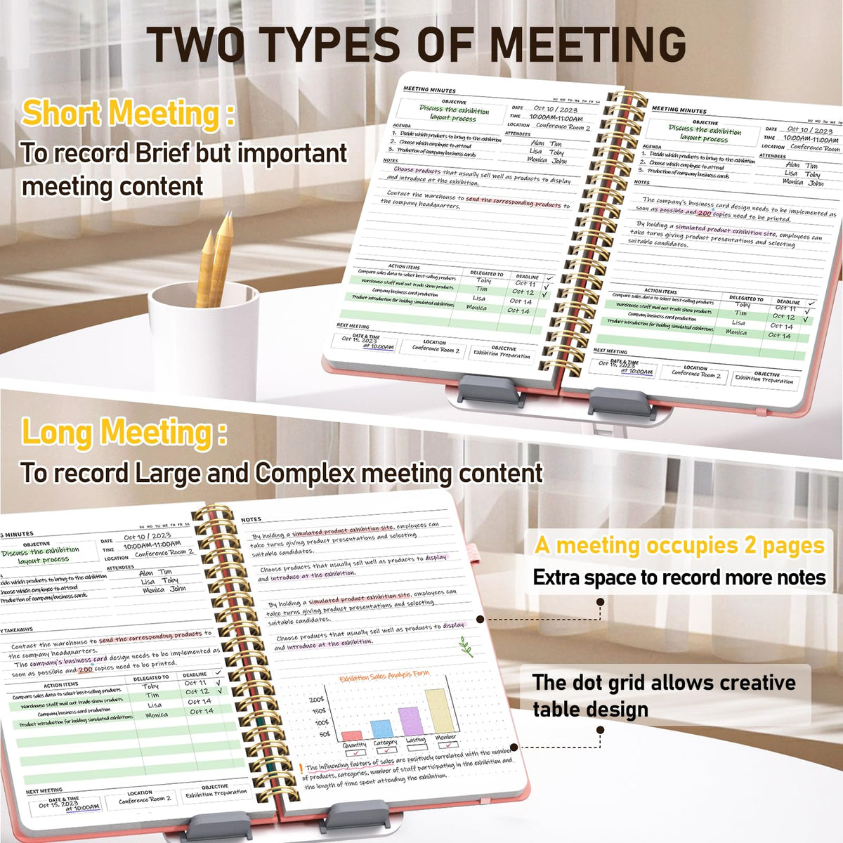 WEMATE Meeting Notebook for Work B5 (7"x10") - PU Leather Work Notebook with Agenda, Action Items & Notes - 200 Pages for Men&Women, Staff and Students, Meeting, Projects Planning -Rose Gold