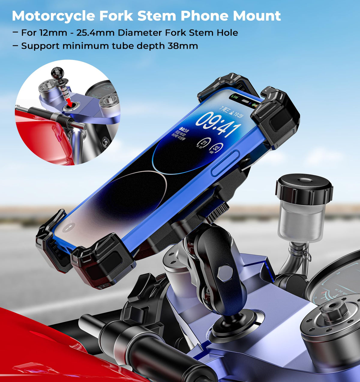 VAZESWIN Motorcycle Fork Stem Phone Mount, 1s Auto Lock & Release, Anti-Theft Motorcycle Phone Holder with Aluminum Alloy 1" Ball Short Arm, for 12-25.4mm Diameter Fork Stems, for 5.4"-7" Cellphones