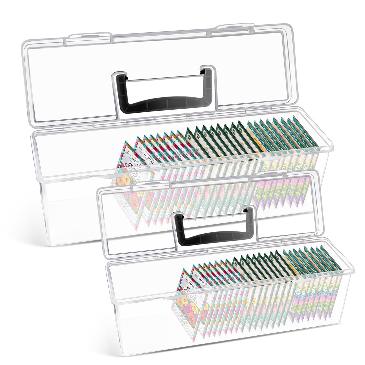 GRETJOB Seed Organizer Storage Box - 2 Pack Clear Plastic Seed Packet Keeper with Secure Lids (14x4.2x4.7in + 11.8x3.7x3.7in)