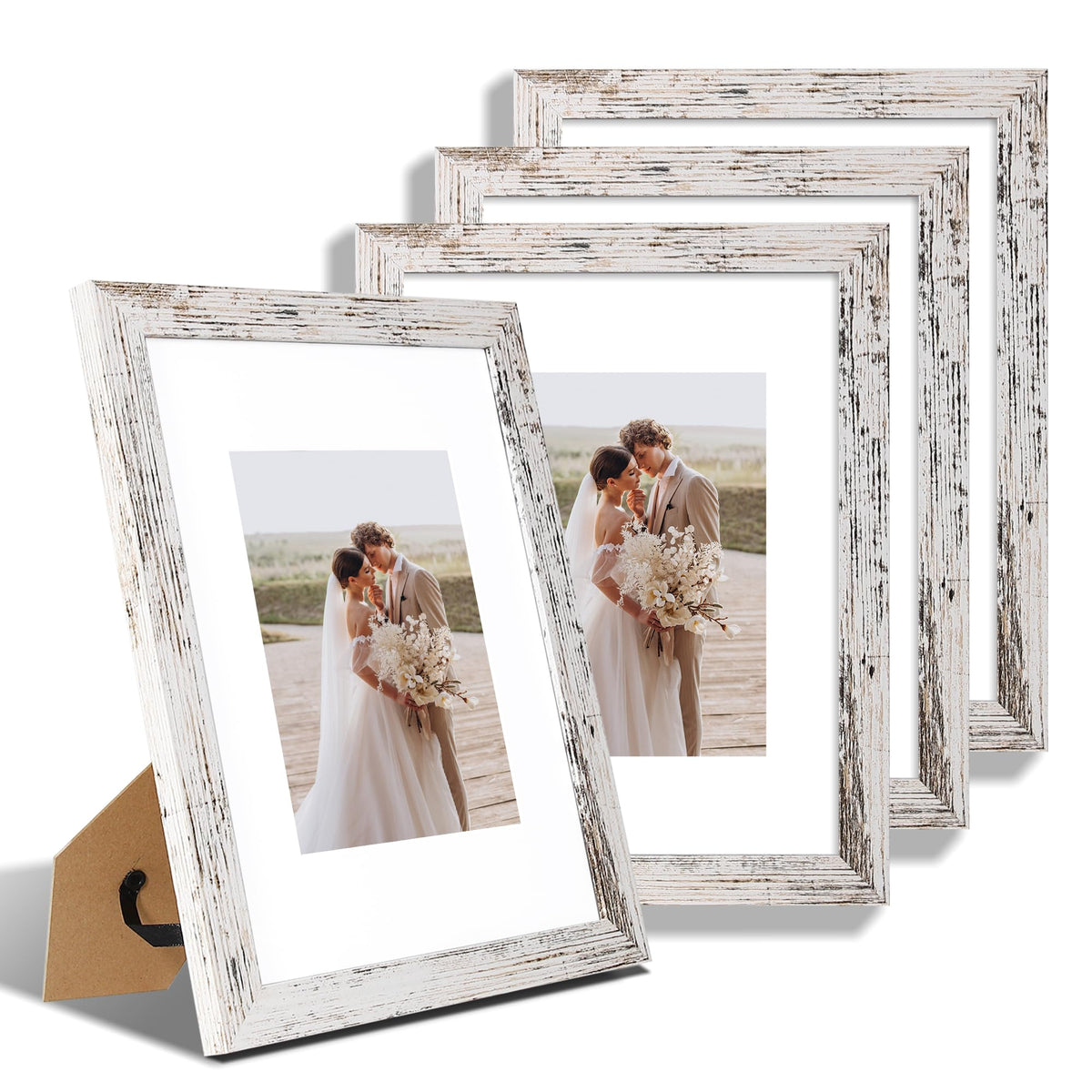 Hongkee 9x12 Picture Frame Set of 4, Made of Glass and Distressed White Wooden Frame - Display Picture 6x8 with Mat or 9 x 12 Without Mat, 9 by 12 Photo for Wall or Tabletop