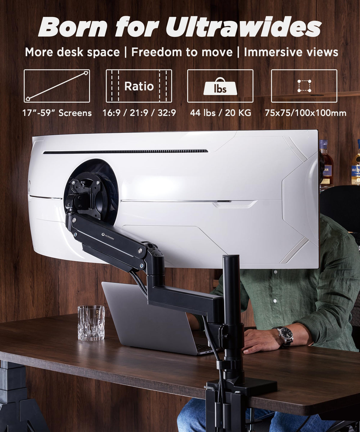 ULTRARM Heavy Duty Monitor Arm for Ultrawide Monitors up to 57" and 44 lbs, Single Desk Stand, Pneumatic Height Adjustable, Modular Extension Arms - Max VESA 100x100, Black, MA20P-S