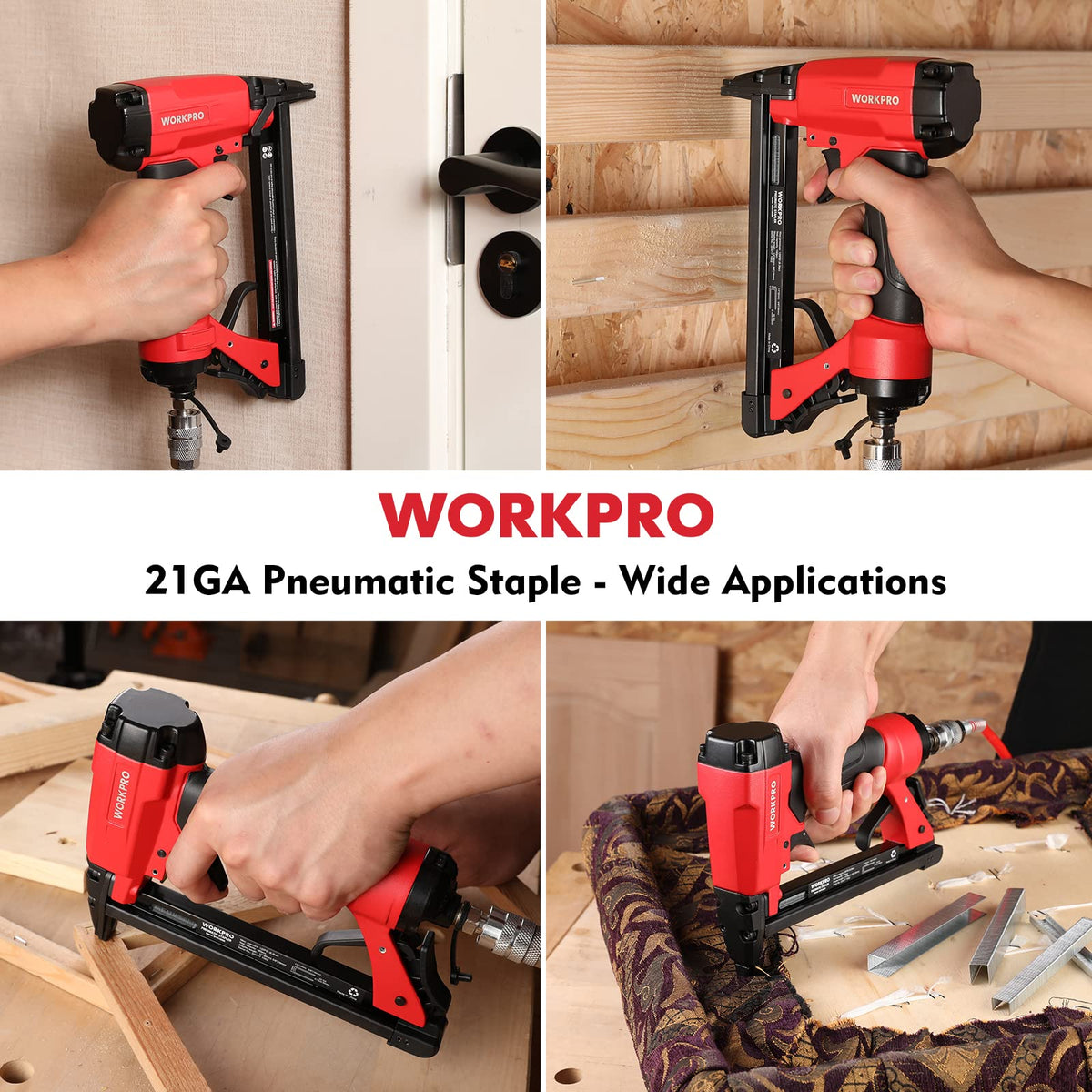 WORKPRO 7116 Pneumatic Staple Gun, 22 Gauge Upholstery Stapler with 1884pcs Staples 1/4" to 5/8", Air-Powered, Rear Exhaust, for Carpentry, Woodworking and DIY Projects