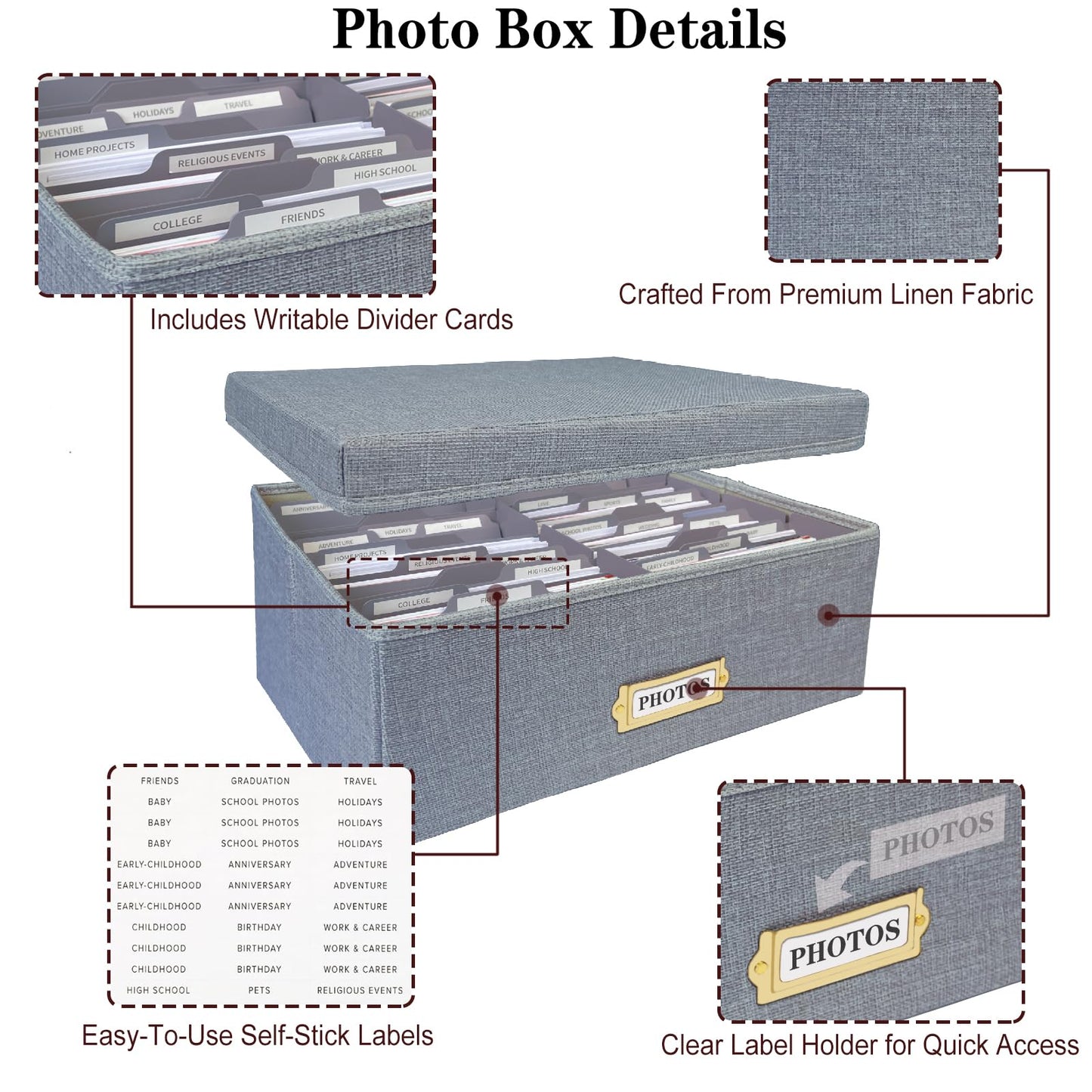 Sprsthai Linen Photo Storage Box – Holds 1700 Photos, 24 Adjustable Dividers & 72 Labels Multi-Use Organizer for Photos, Envelopes, Recipes Beige
