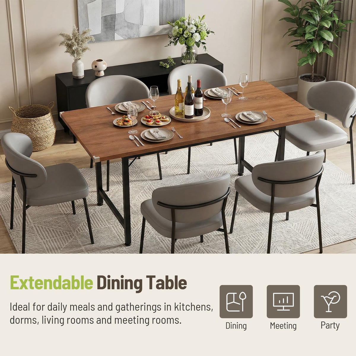 STHYTON 47.2"-63" Extendable Dining Table, Kitchen Table for 4-8 People, Modern Dinner Tables Furniture for Dining Room, Kitchen, Office, Living Room, Space Saving, Walnut and Black