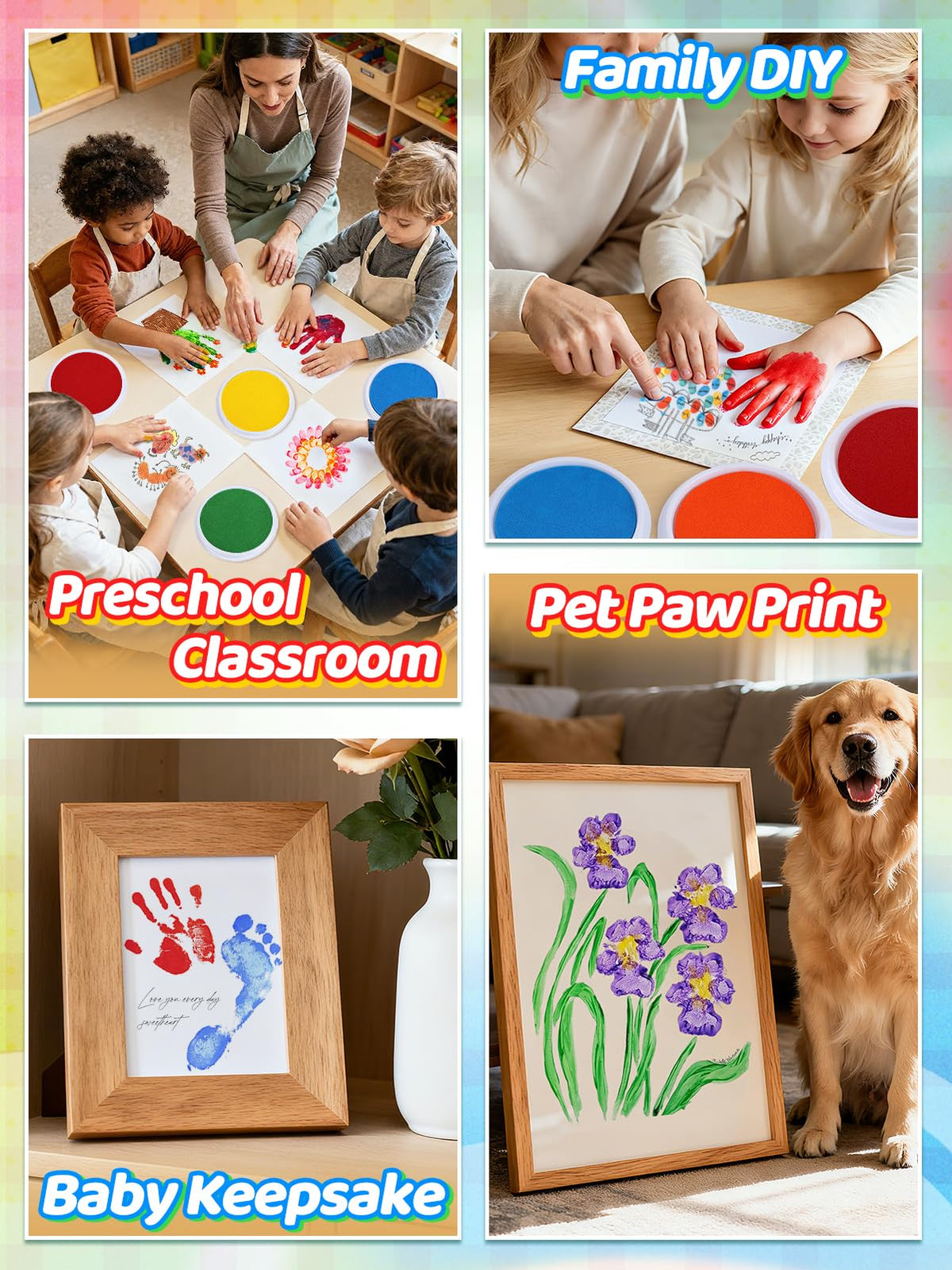 Large Washable Ink Pads for Kids - 7" Ink Pad for Handprint Footprint Toddler Finger Paint, 8 Vibrant Colors Stamp Pad Set for Card Making/Preschool Crafts/Birthday Gifts