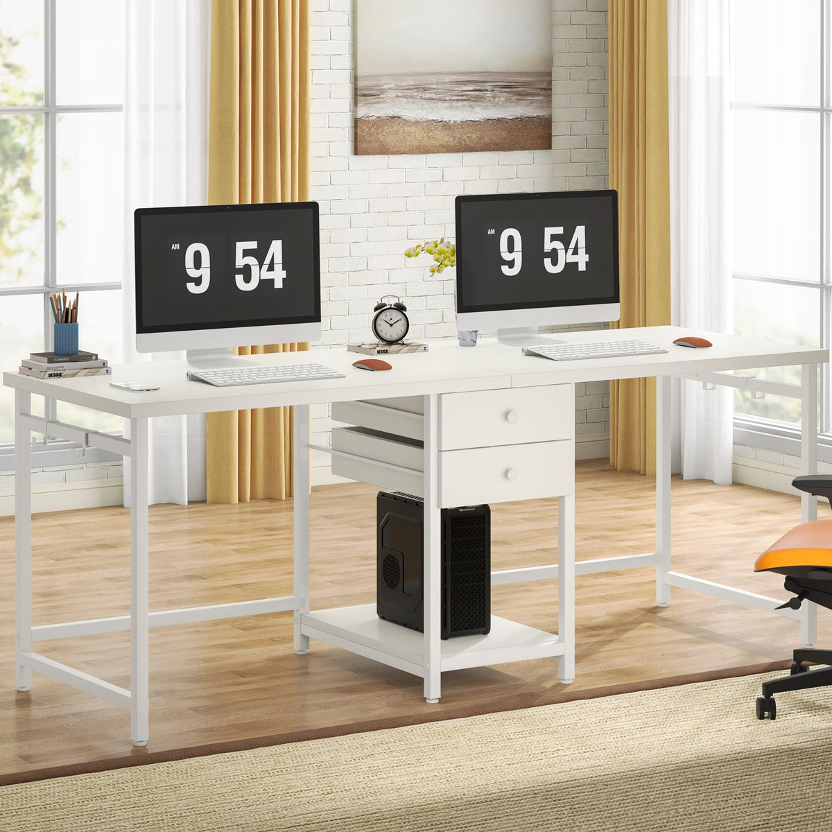 Tribesigns 79 Inch Extra Long Double Desk with 2 Drawers, Two Person Computer Desk with Storage Shelves, Writing Table Study Desk for Home Office, White