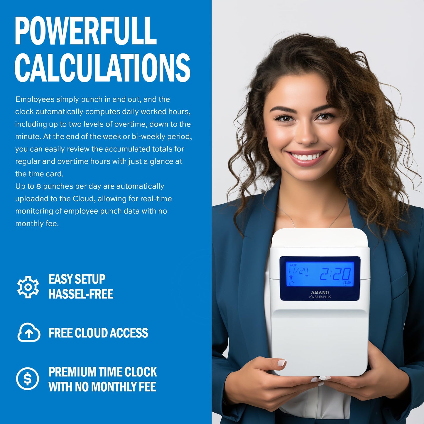 AMANO Calculating Time Clock with WiFi Connection to Free Cloud APP: View Employee Punch Times Remotely from Anywhere, Anytime (MJR-PLUSEZ)