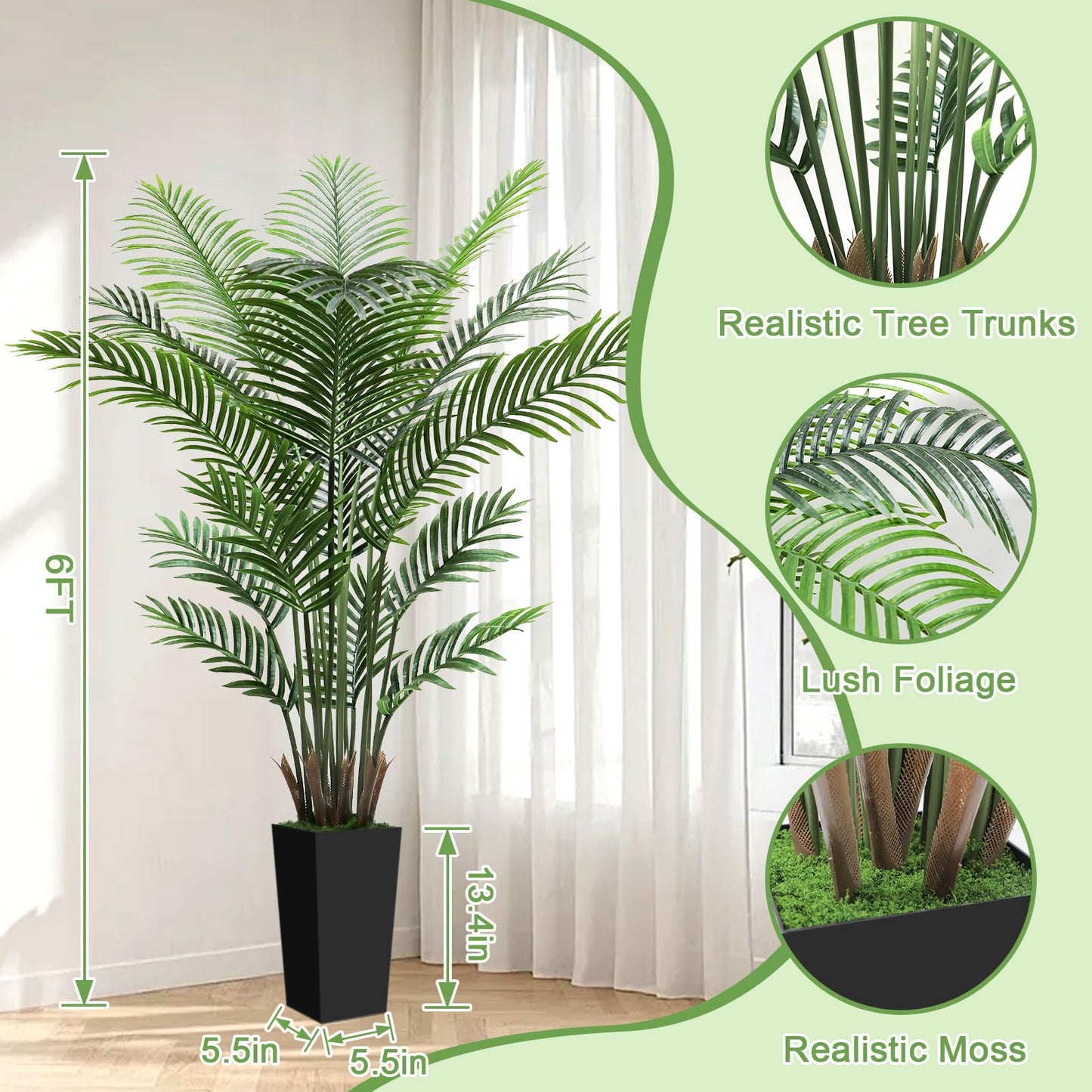 6FT Tall Fake Tree Artificial Palm Plant with Black Planter – Faux Indoor Plants Tree Decor for Home Office Living Room Corner