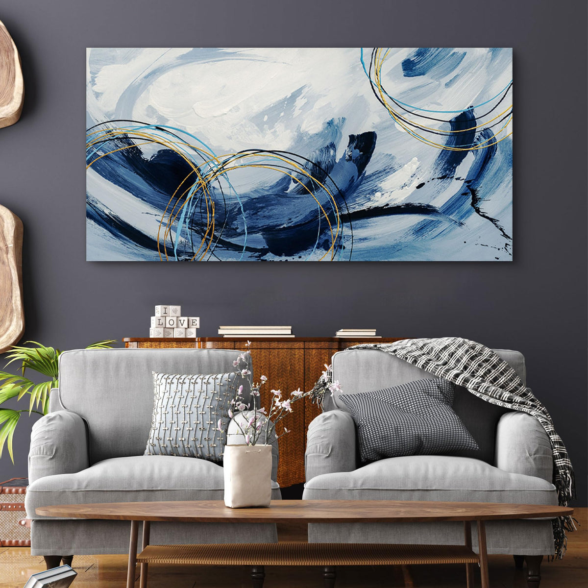 yiijeah Large Canvas Wall Art for Living Room - Blue and White Abstract Picture Framed Artwork for Walls Bohemian Minimalism Prints Paintsings Wall Decor for Office Bedroom 48x24 Inches