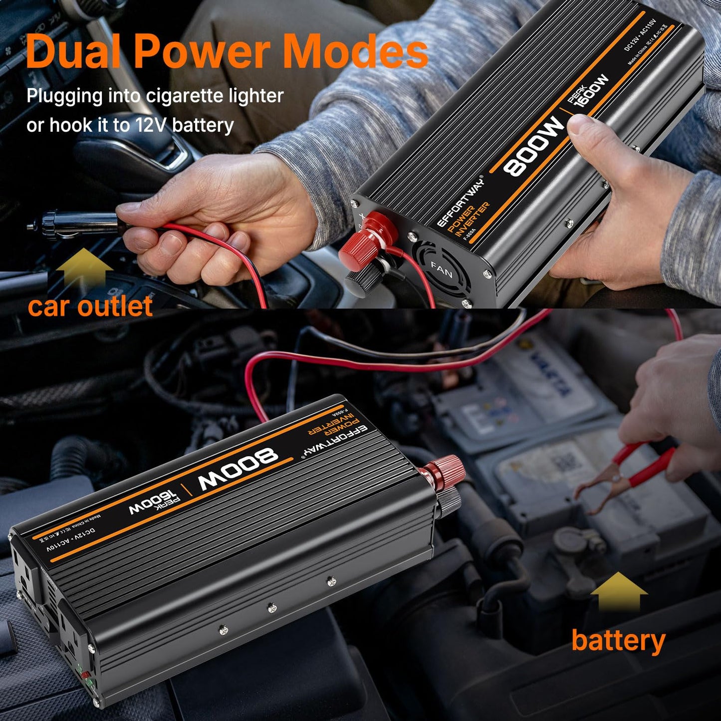 EFFORTWAY 800W Power Inverter, Inverter 12V to 110V with 2 AC Outlets, 2.1A USB Port, Car Power Inverter with Alligator Battery Clamp for Phone, Laptop on Camping, Road Trip