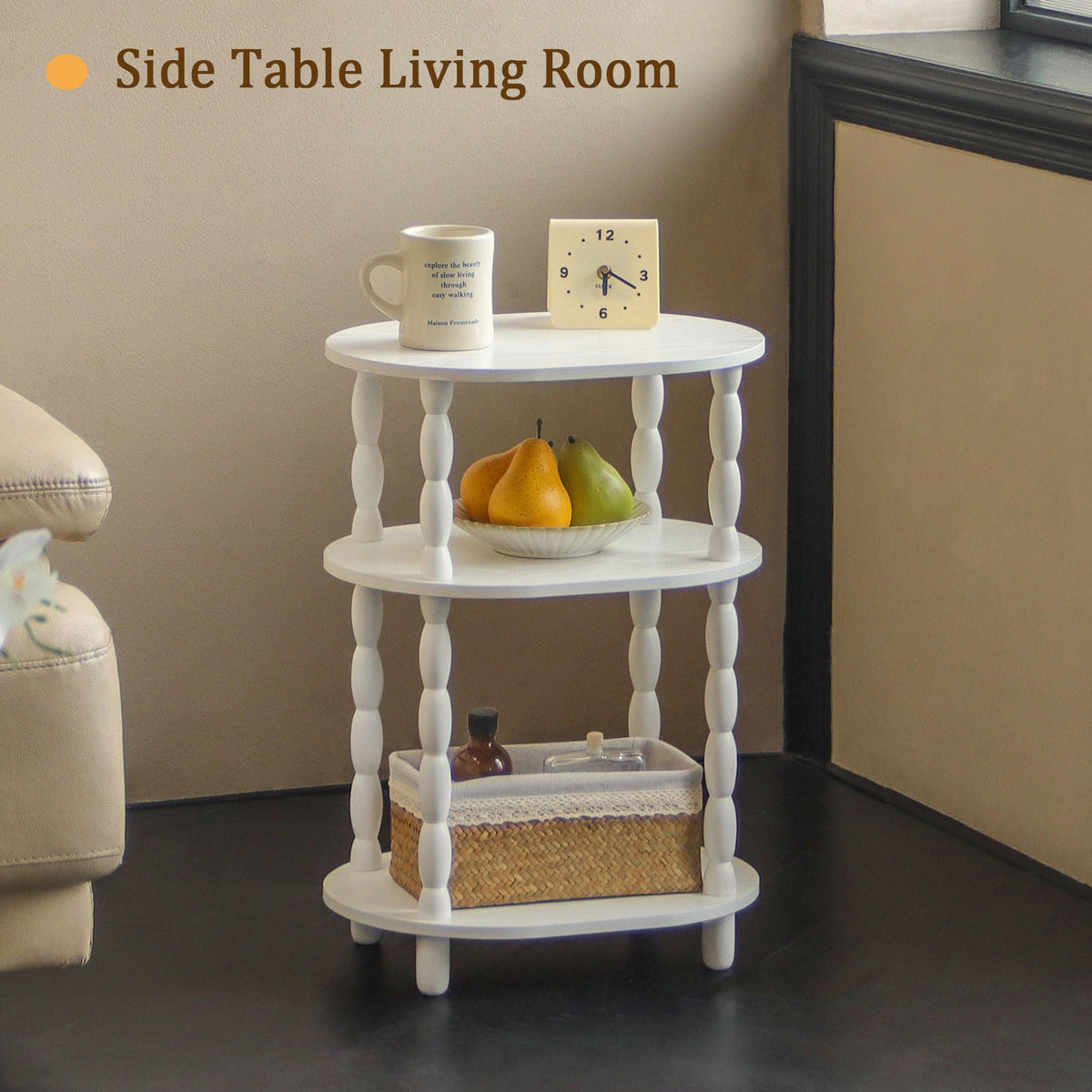 MaxSmeo White Side Table, 3-Tier Small Oval End Table, Modern Night Stand Wood Accent Table for Living Room, Bedroom, White