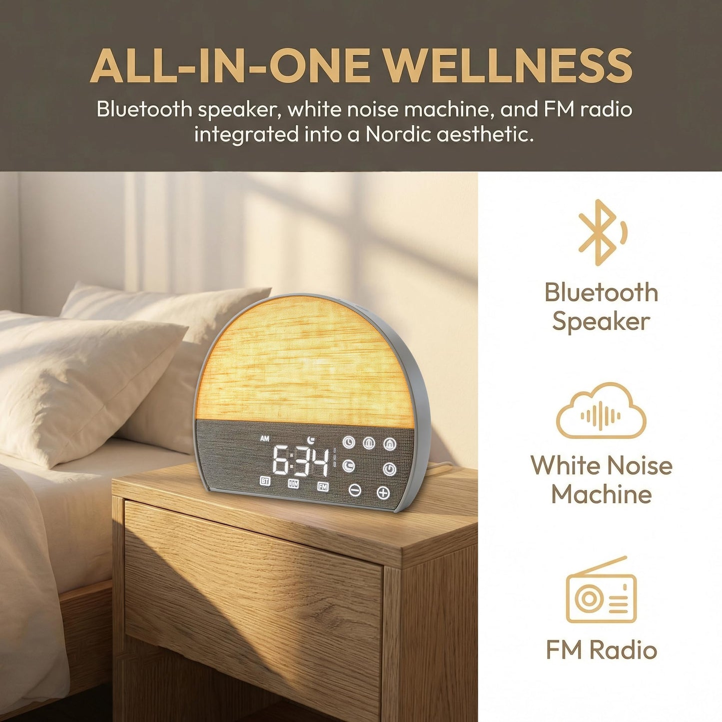 PAWPAWSEN Sunrise Alarm Clock with Bluetooth Speaker & FM Radio - Dual Wake Up Light, 30 Soothing Sounds, Sunset Sleep Aid, Minimalist Aesthetic for Heavy Sleepers, Kids & Bedroom Decor