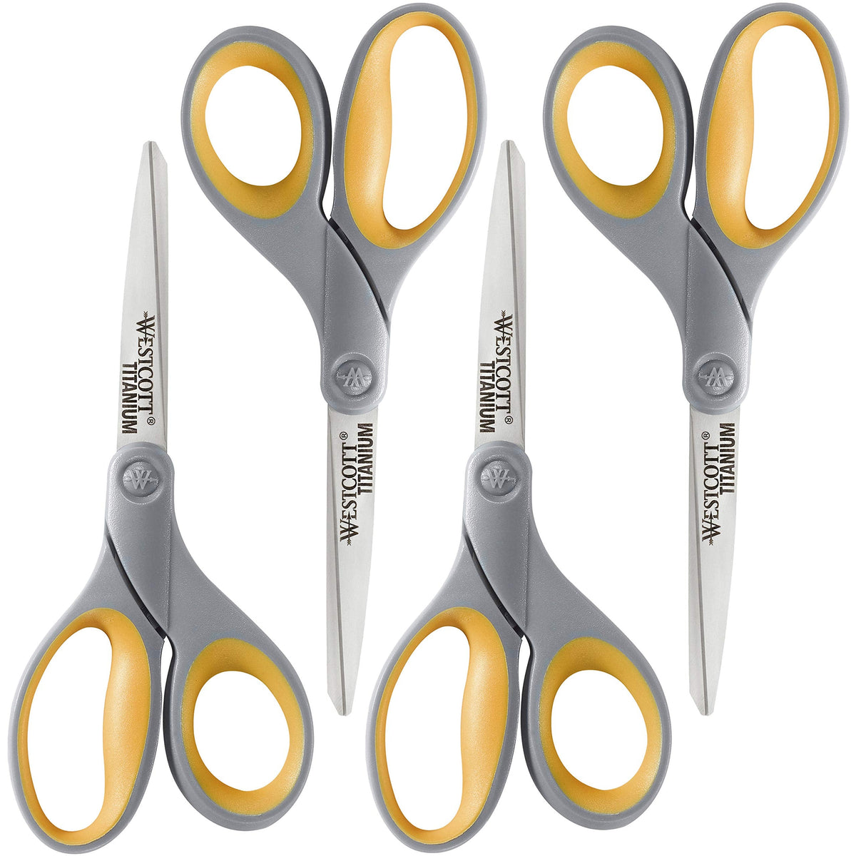 Westcott 8-Inch Titanium Bonded Scissors for Home, Office, and Classroom - Perfect for Cutting Paper, Sewing, and Crafts - Heavy-Duty Design with Soft Handle - Gray/Yellow - 4-Pack