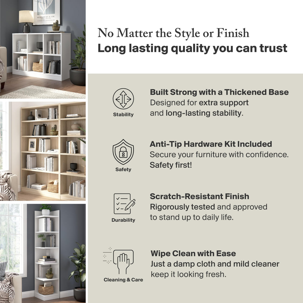 Bush Home Small 2 Shelf Bookcase, 2 Tier Bookshelf Storage Cabinet with Adjustable Shelf for Living Room, Bedroom or Home Office, Universal Collection, Ash Gray