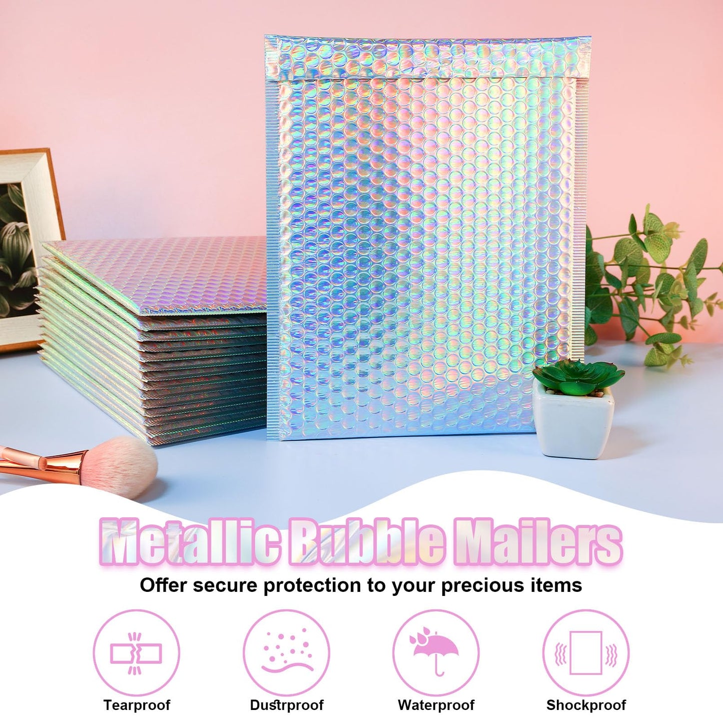 IJRPLM 50 Pcs Metallic Bubble Mailers,Holographic Bubble Mailers 5.9 x 9.6 Inch,Self Seal Waterproof Shipping Bags,Poly Padded Envelopes for Mailing Packaging Small Business