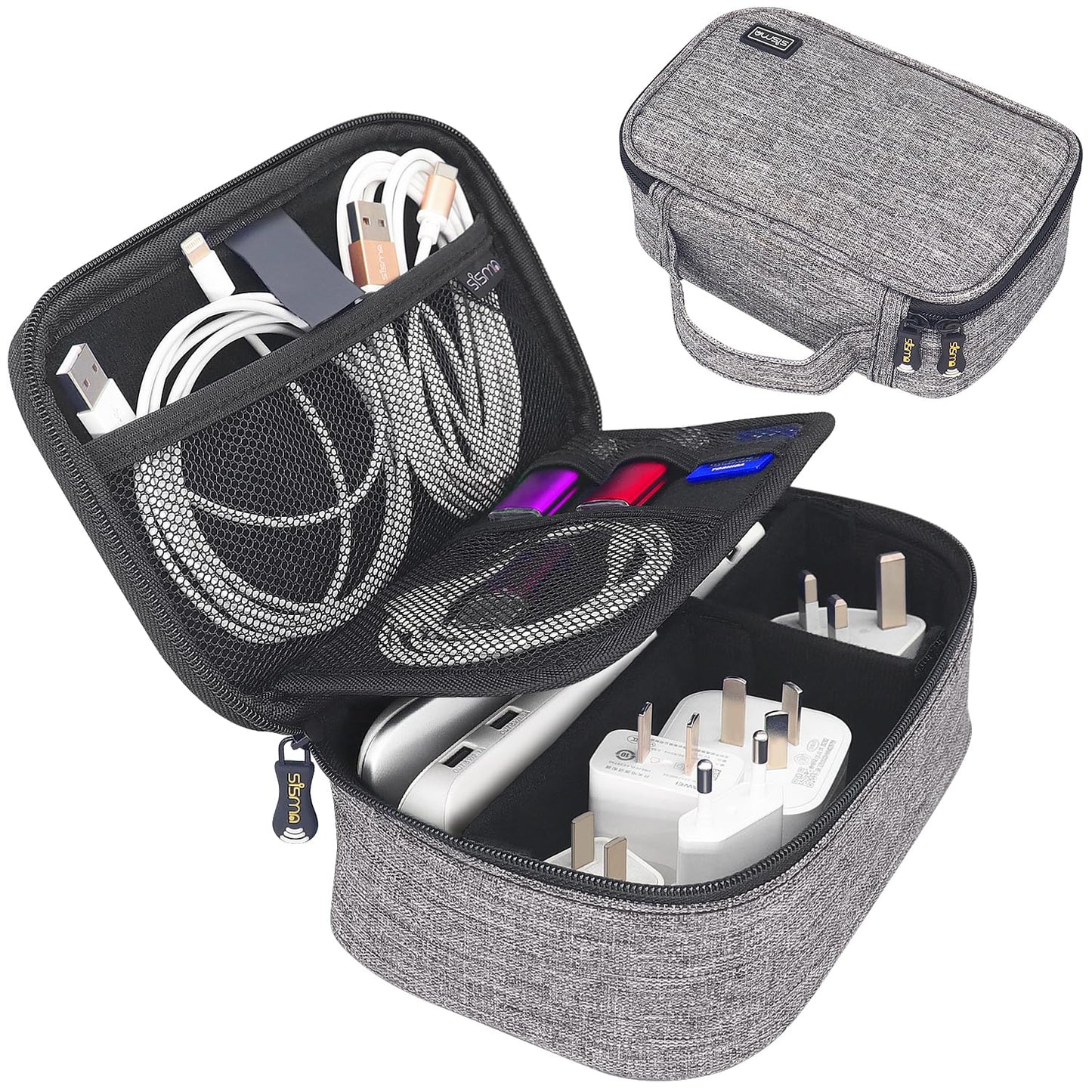 sisma Travel Electronics Organizer Small Carrying Case for Cables Phone Chargers USB Plugs Power Cords Earbuds Adapter Tech Accessories Pouch -Grey