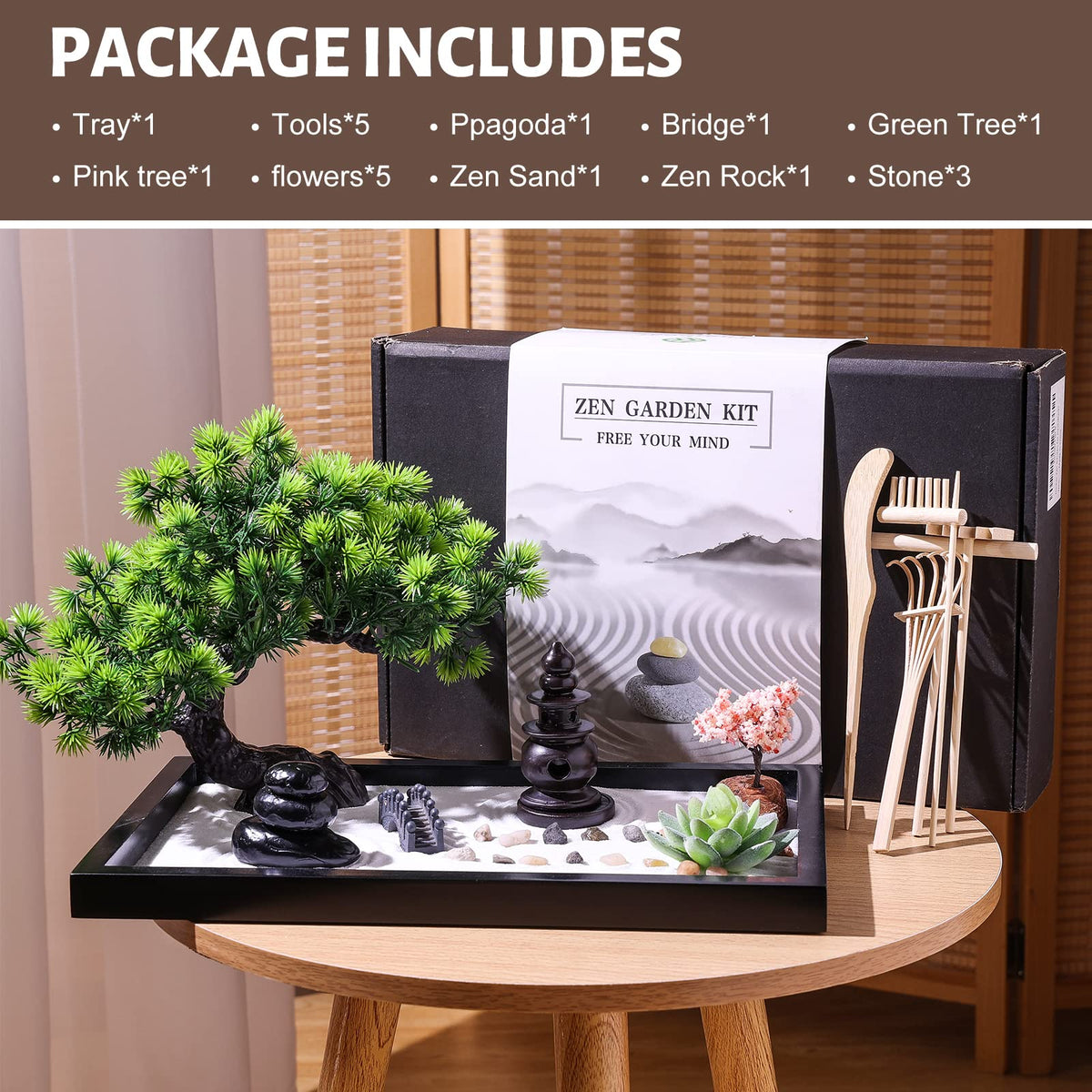 Zen Garden Kit for Desk Decor - Premium Beautiful Japanese Mini Sand Box Set Home, Office with Black Wooden Tray, White Sand, Rake Tools Desktop Meditation, Therapy and Accessories
