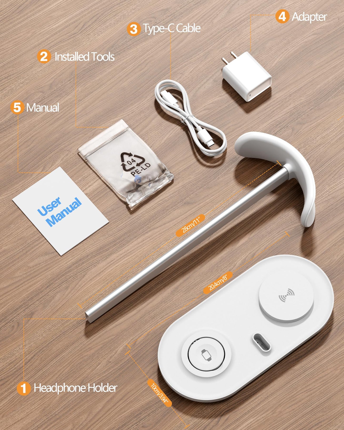 HiWe Headphone Stand, 2-in-1 Wireless Charger for iPhone/Apple Watch, Aluminum Alloy Rod, Minimalist Desk Organizer, White