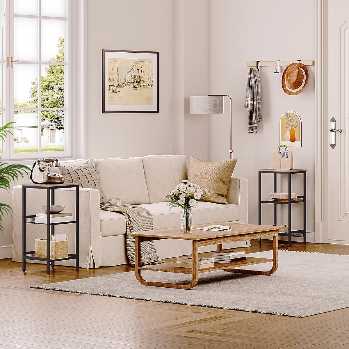 HOOBRO Tall Side Table, 3-Tier Telephone End Table with Adjustable Mesh Shelves, Small Entryway Table with Storage, Small Nightstand for Living Room, Bedroom, Hallway, Office, Greige BG01DH01G1