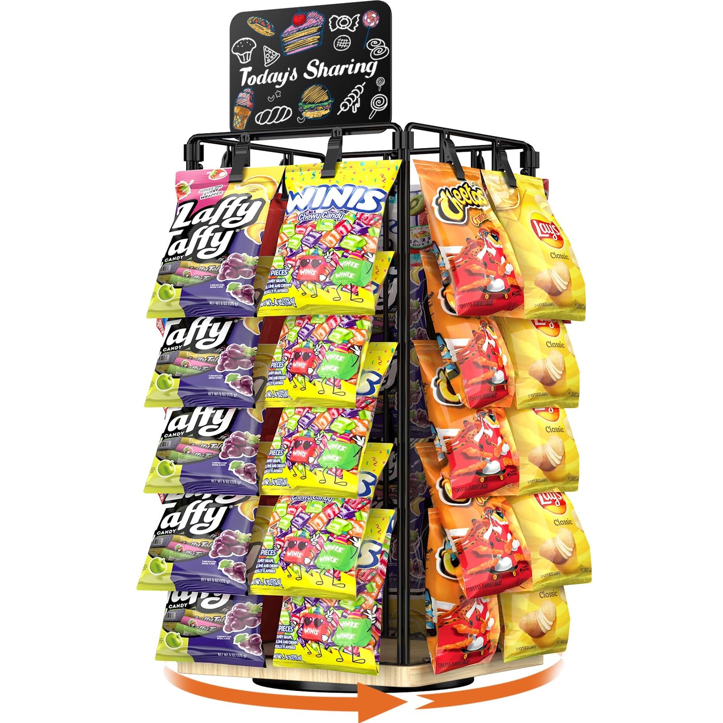 OFUSUY Chip Rack Display Stand, 5 Tiers 40 Clips Display Stand, 360°Rotating Wooden Base Chip Bag Holder for Concession Stand, Snack Organizer for Christmas Party, Retail, with Message Board