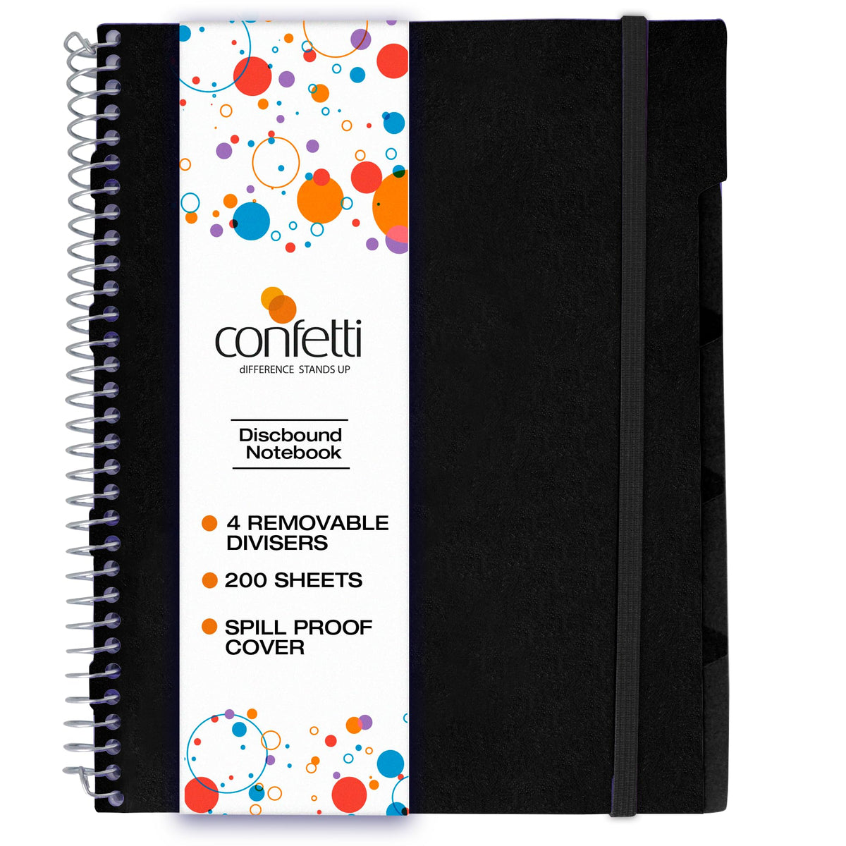 Confetti Spiral Notebook - Hole Punched - 4 Removable Dividers, Spill Proof Cover, Closing Elastic Band, Storage Pocket - Sturdy Bound Notepad, School & Office Supplies - 200 Sheets - Black
