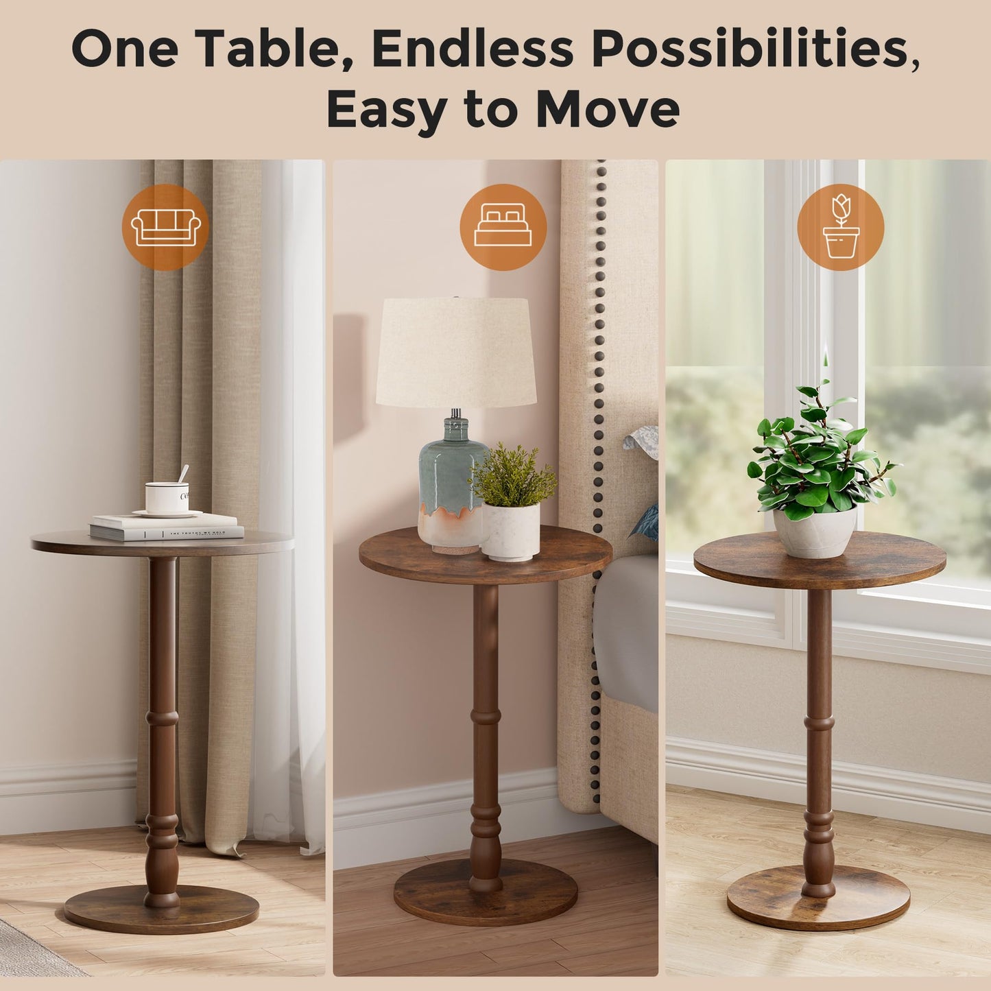 Homleke 16" Round Side Tables Set of 2, Solid Wood Pillar with Wood Top & Base, Small Drink Accent Table for Living Room, Bedroom, Sofa & Office, Easy Assembly, Rustic Brown