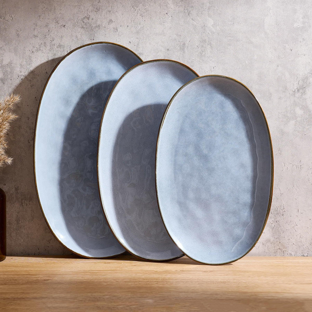 famiware Serving Platter, Oval 15.59/14.3/12.9inch Serving Dishes for Entertaining, Serving Bowls, Reactive Glaze, Stoneware Serving Trays for Party, Food, Turkey, Cheese, Ocean Series, Blue