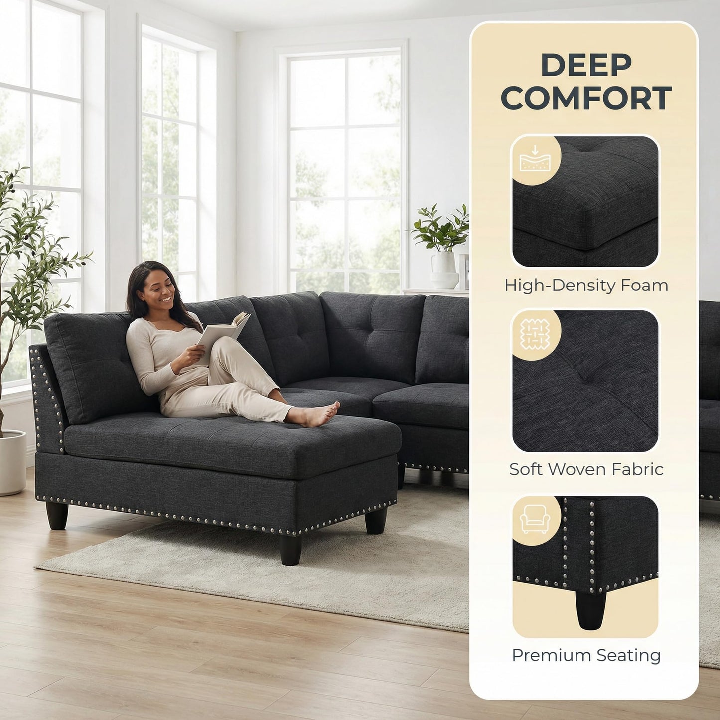 Trygoal 3-Piece L-Shaped Modular Sofa – Convertible Sectional Couch with Movable Chaise & Storage Ottoman, Multi-Scene Use for Living Room, Apartment & Office, Black Grey