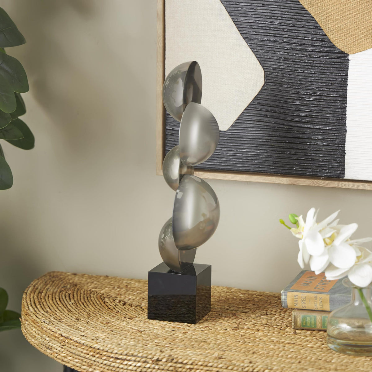 Deco 79 Glass Abstract Decorative Sculpture Stacked Orb Home Decor Statue with Black Base, Accent Figurine 5" x 4" x 16", Black