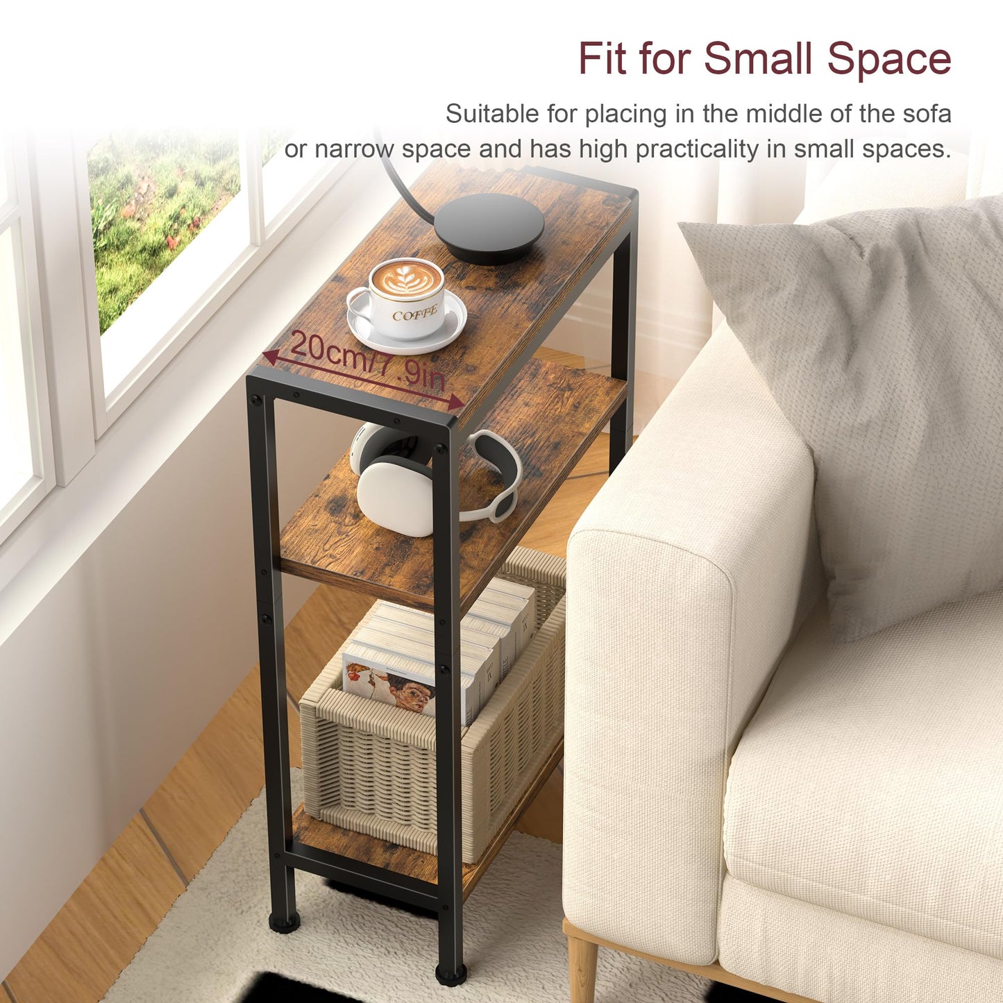 Homedawn Narrow Side Table for Small Space, 3 Tier Slim End Table, Thin Nightstand, Skinny Snack Couch Table, Sofa Bedside Table in Living Room, Bedroom, Study, Kitchen and Balcony (Rustic Brown)