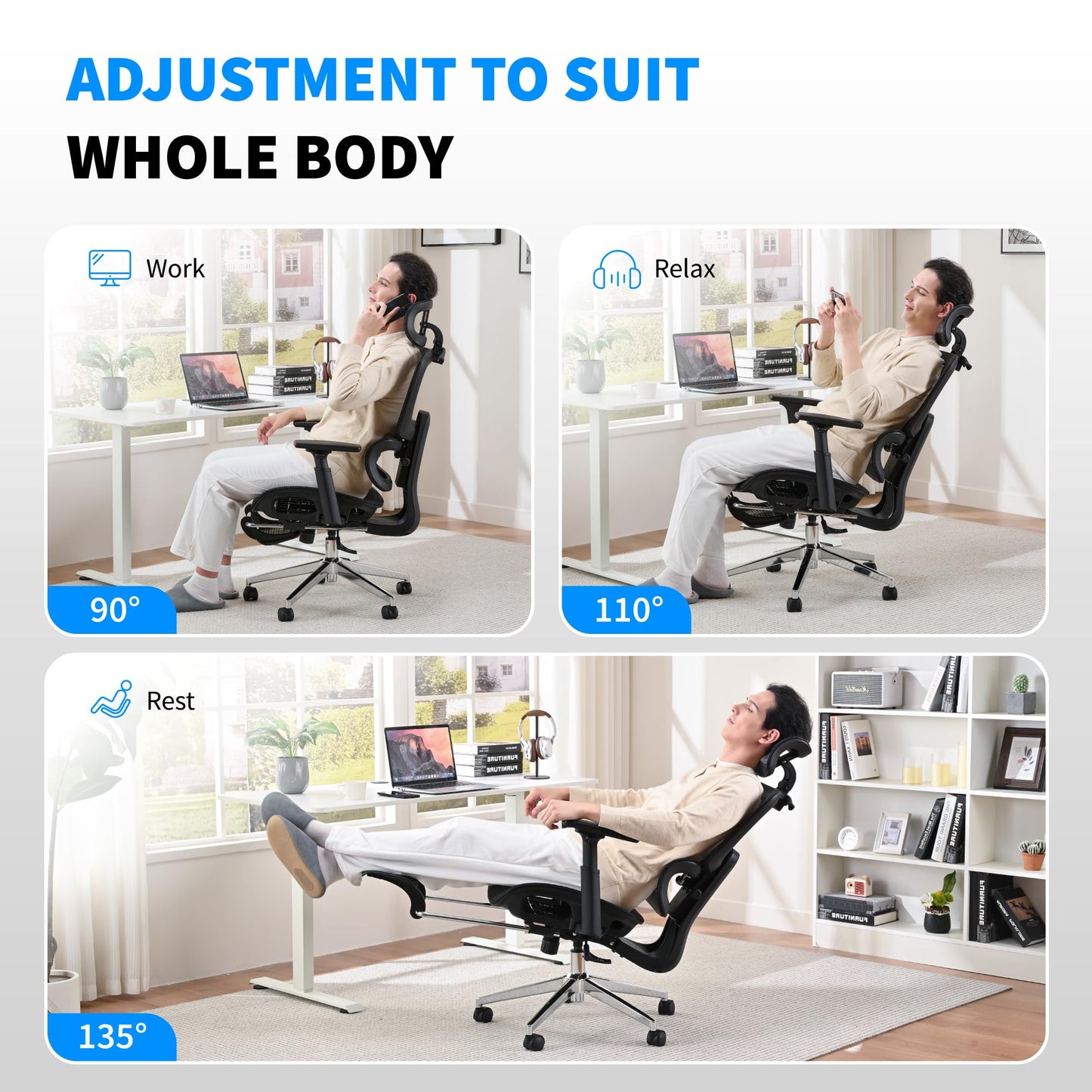 hujusko Mesh Ergonomic Office Chair with Footrest,High Back Mesh Gaming Chair with Lumbar Support,Adjustable Headrest and Armrests for Home Office Desk Chair (Modern, Black)