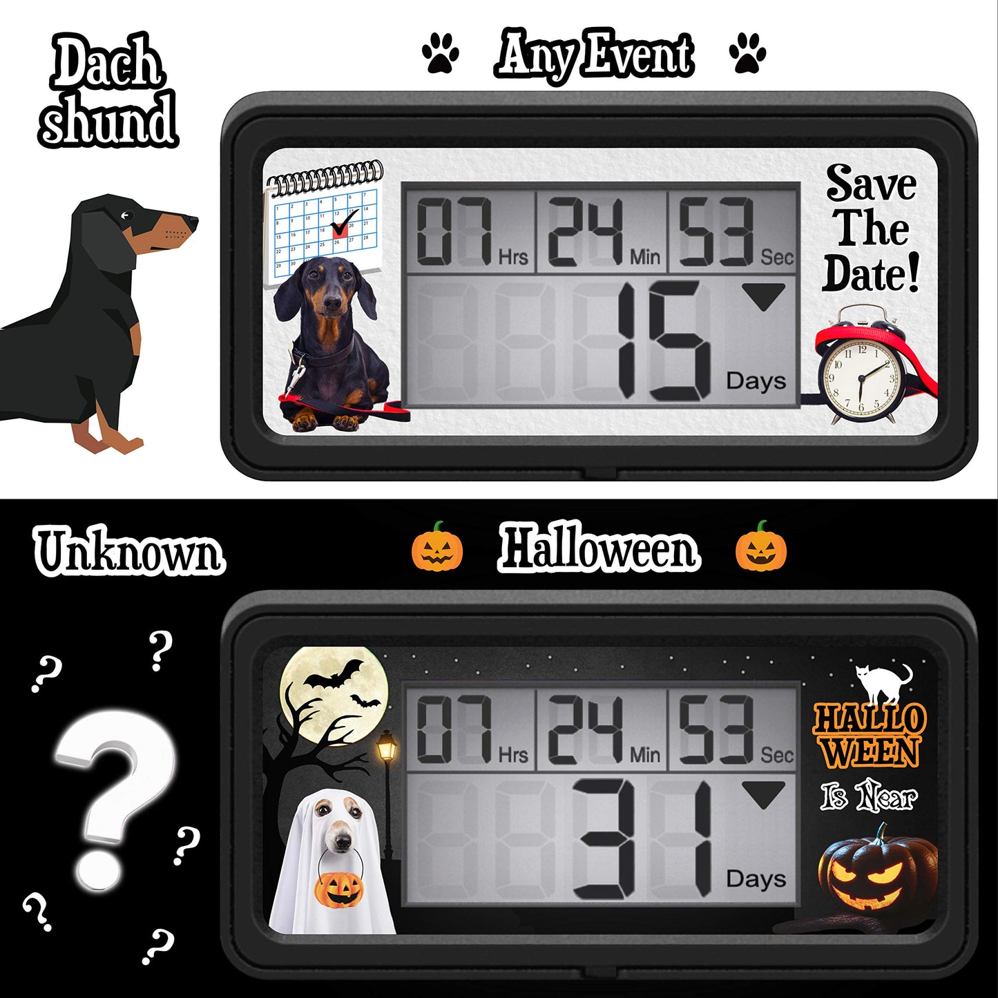 Veriss Digital 9999 Days Countdown Clock Timer with Backlight - Count Down Your Retirement, Wedding, Christmas, Vacation and All Calendar Event Dates in Your Life - Dog Collection (Black - 8 Frames)