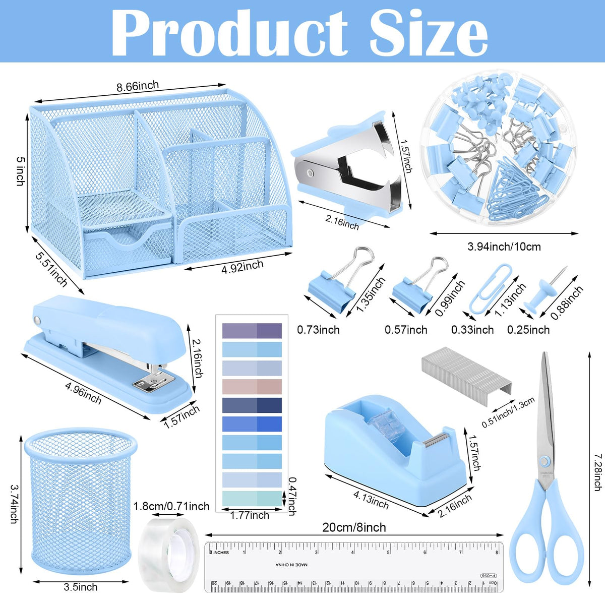 11 in 1 Blue Desk Organizer and Accessories, Blue Desk Accessories Light Blue Office Supplies Include Blue Stapler Blue Tape Dispenser Pen Holder Staple Remover Clips Ruler Scissors Tapes Tabs