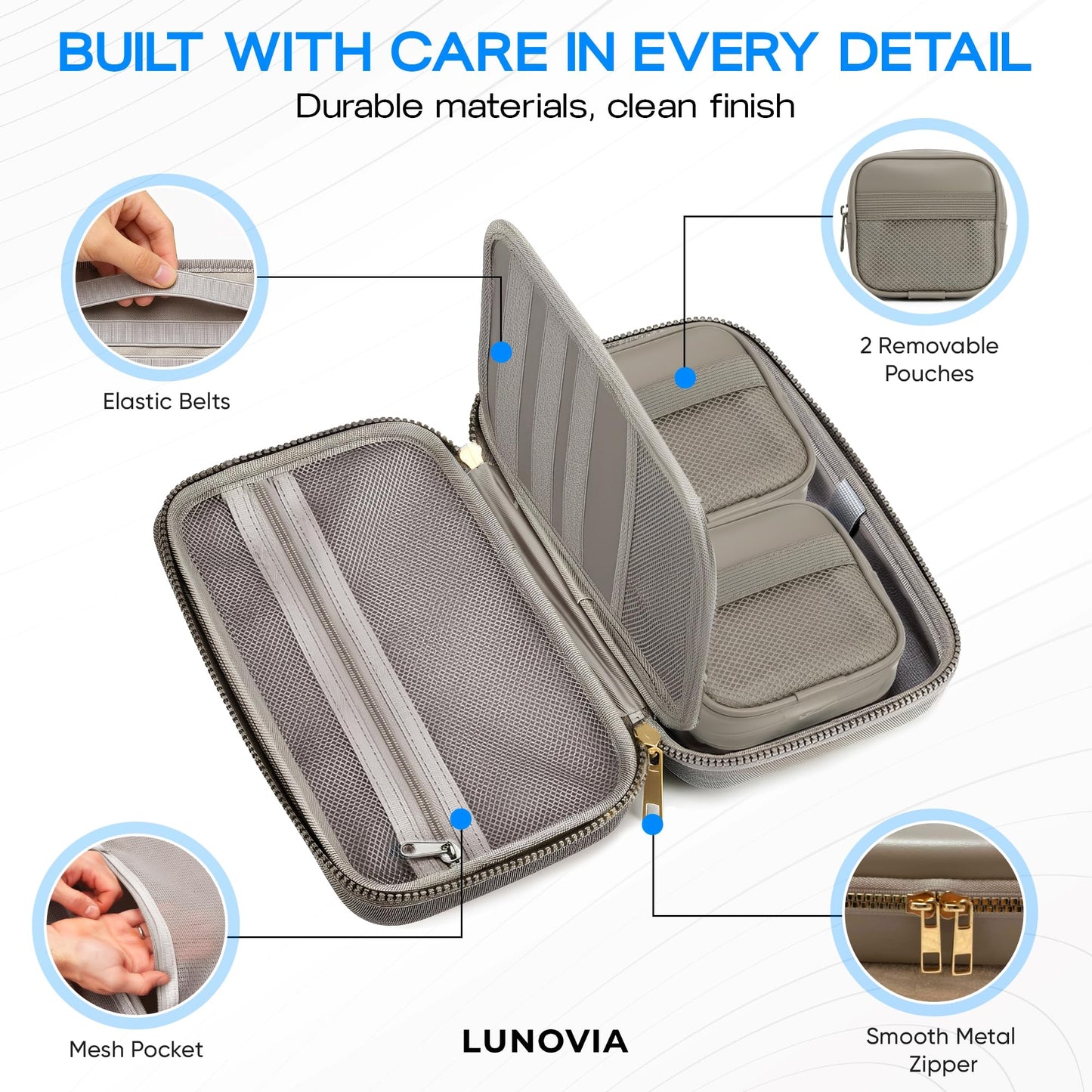 Lunovia Hard Shell Tech Organizer – Protective Travel Case for Cables, Chargers & Accessories | Mid-Size Electronics Organizer with Removable Pouches