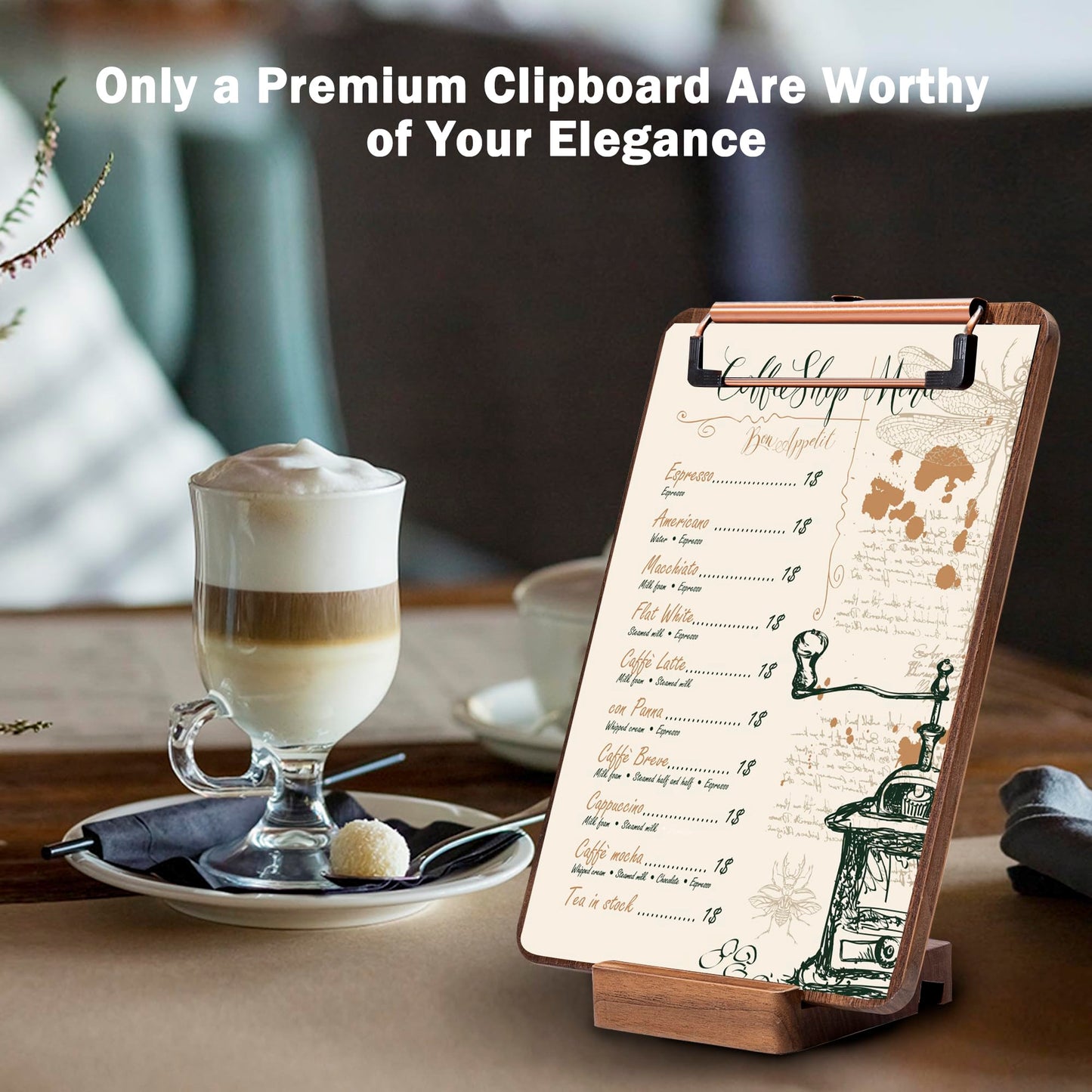 Walnut Wood Clipboard, 9" x 6.3" Small Menu Clip Board with Metal Clip and Stable Base, Solid Hardwood, Smooth Edges, Free Stand Holder for Bar, Restaurant, Coffee Shops, Countertops