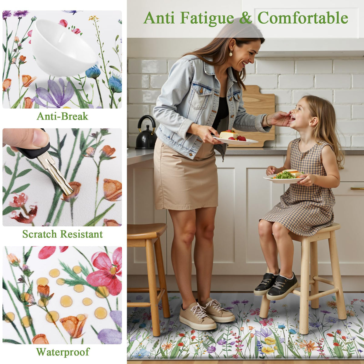 SHACOS Spring Kitchen Rugs Set of 2 Anti-Fatigue Kitchen Mats Floral Rugs White Cushioned Mats with Colorful Flowers Butterfly 17x27.5+17x47, Spring Flowers