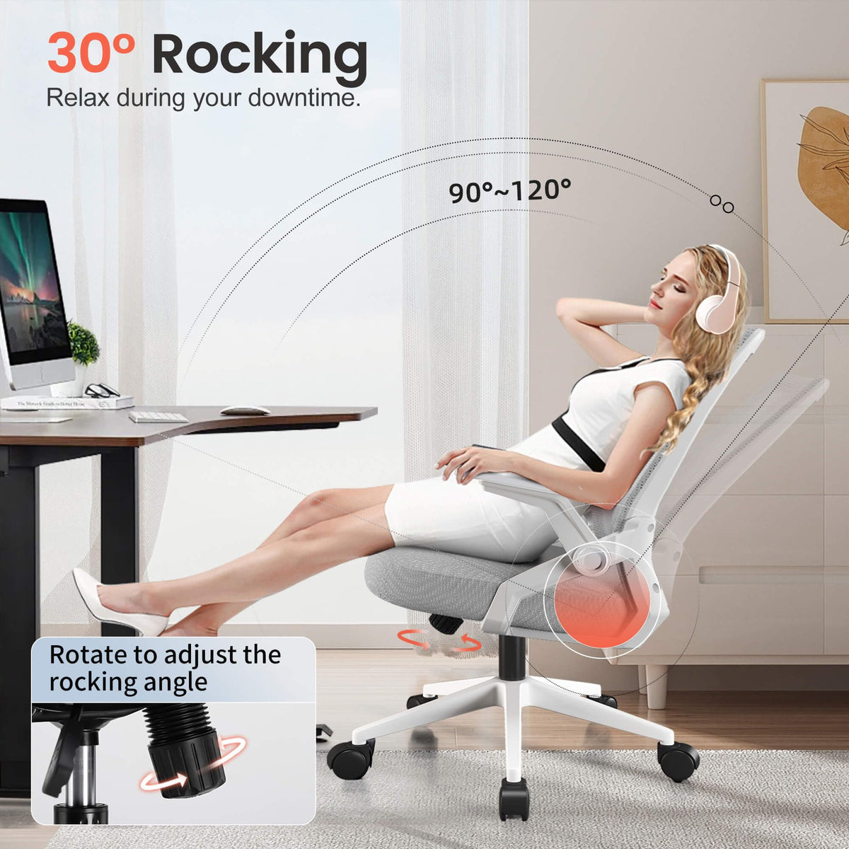 GTPLAYER Ergonomic Office Chair with Flip-up Armrests Executive Computer Chair for Home Office, Breathable Mesh & Comfy Lumbar Support, Moon Gray