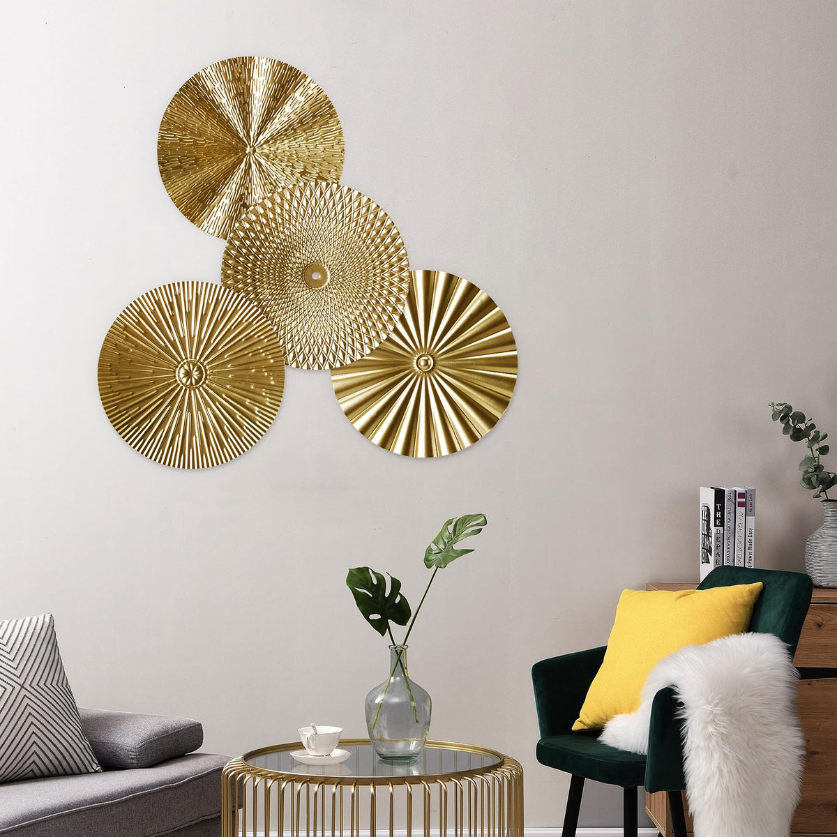 RUNTIVAN 4 Pack Metal Wall Art Decor - 11inch Sunburst Hanging Metal Artwork Decor Wall Art Decorations for Home Living Room Office Gift for Christmas(Gold)